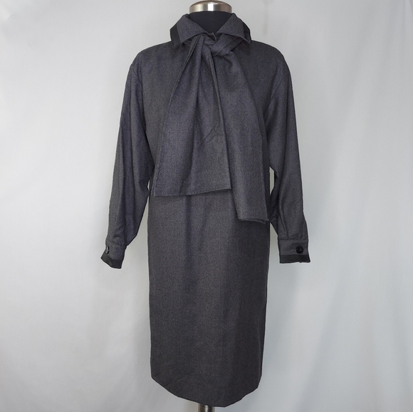 Gianfranco Ferre Dresses & Skirts - Studio 0001 By Ferre Italy Wool Dress Tie Collar Long Sleeve Midi Button Gray